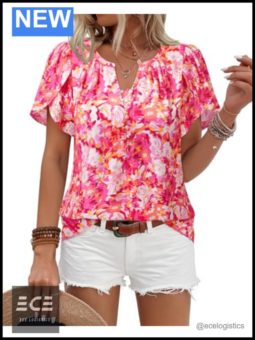 Womens Boho Petal Puff Short Sleeve Button Down Blouse Summer Vacation Top